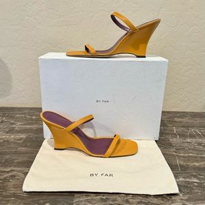 BY FAR Steffi Ochre Leather Wedge Sandals